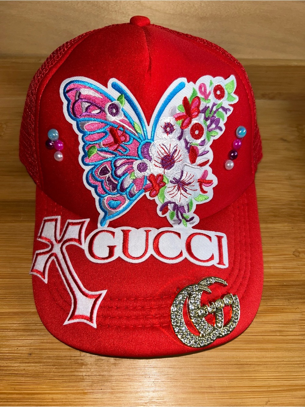 Customized Trucker Junk Hat in  Red with Butterfly Patch and GG brooch.